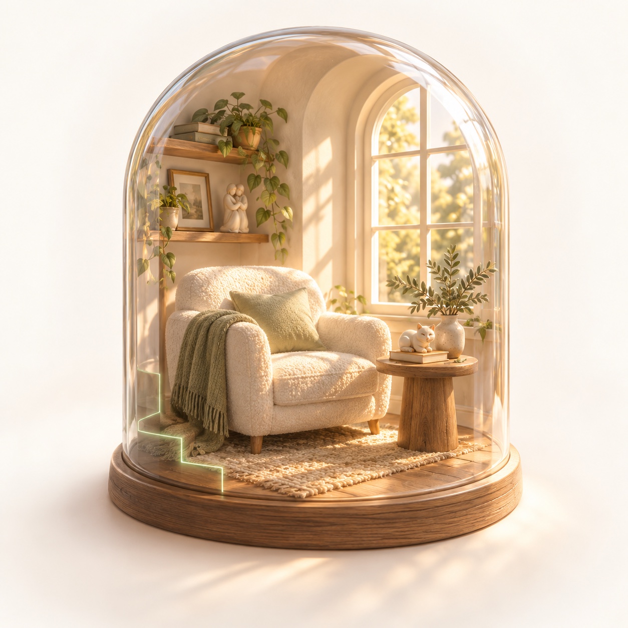 A warm miniature room with a window, armchair and the belongings that make a place feel like home.