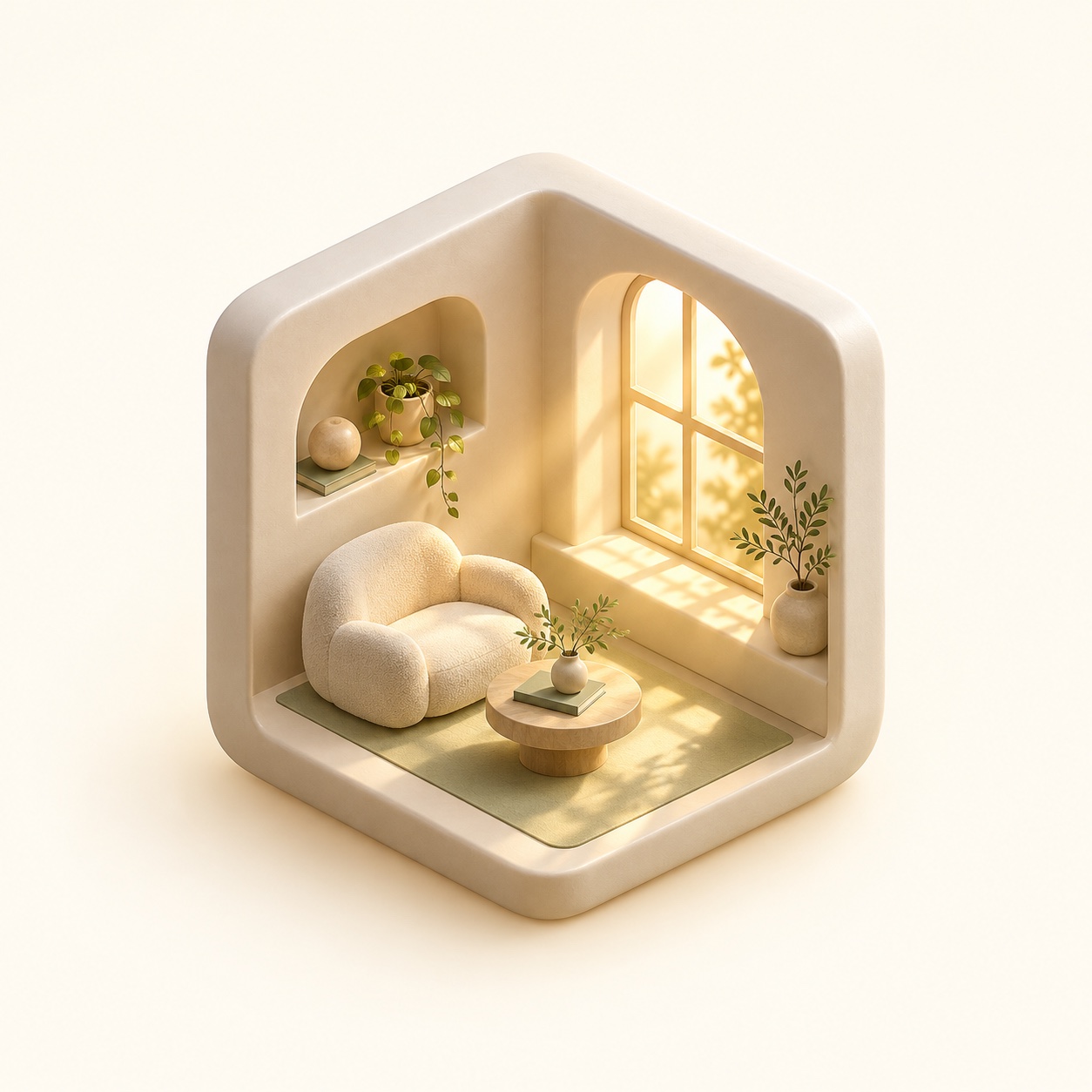 A warm miniature room with a window, armchair and the belongings that make a place feel like home.